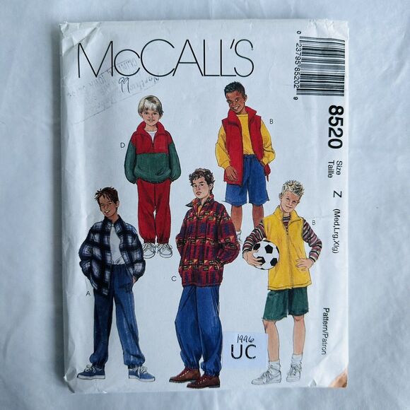 McCalls Sewing Pattern 8520 Boys Jacket Vest Top Pants Shorts Size M-XL UNCUT - Picture 1 of 2